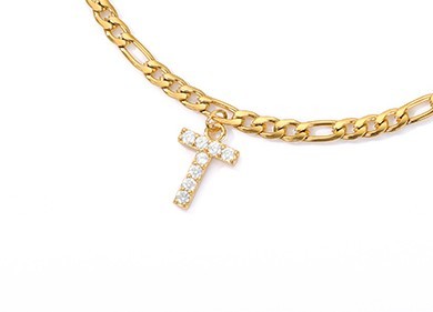 Crystal Initial Anklet - Gold or Silver Figaro Chain with Letter Charm (A-Z)