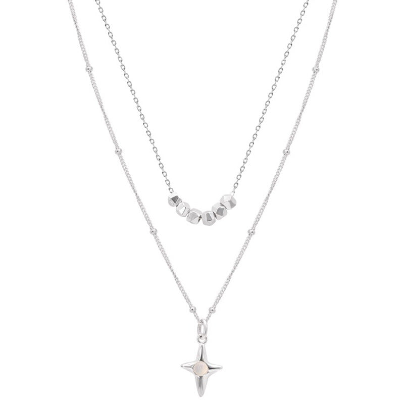 Geometric Star Necklace Set - Layered Silver Chain Necklace with Crystal Beads (2 Layers)