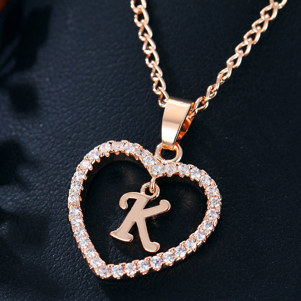 Crystal Heart Initial Necklace - Rose Gold Letter Pendant Necklace with Crystal Border (A-Z)
