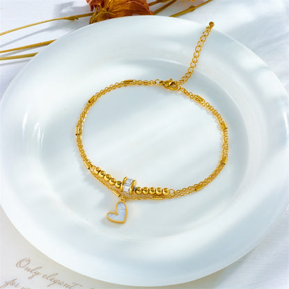 Layered Heart Anklet - Gold Double Chain Anklet with Enamel Heart Charm