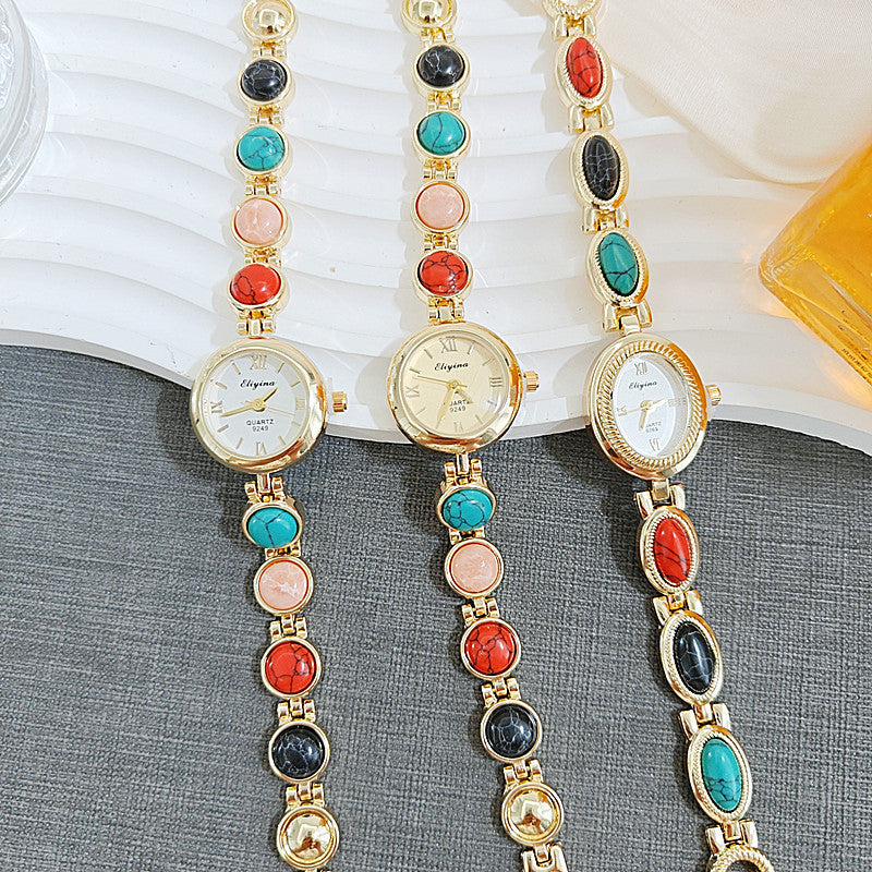 Gemstone Bracelet Watch - Gold Women's Watch with Colorful Stone Link Band (3 Styles)
