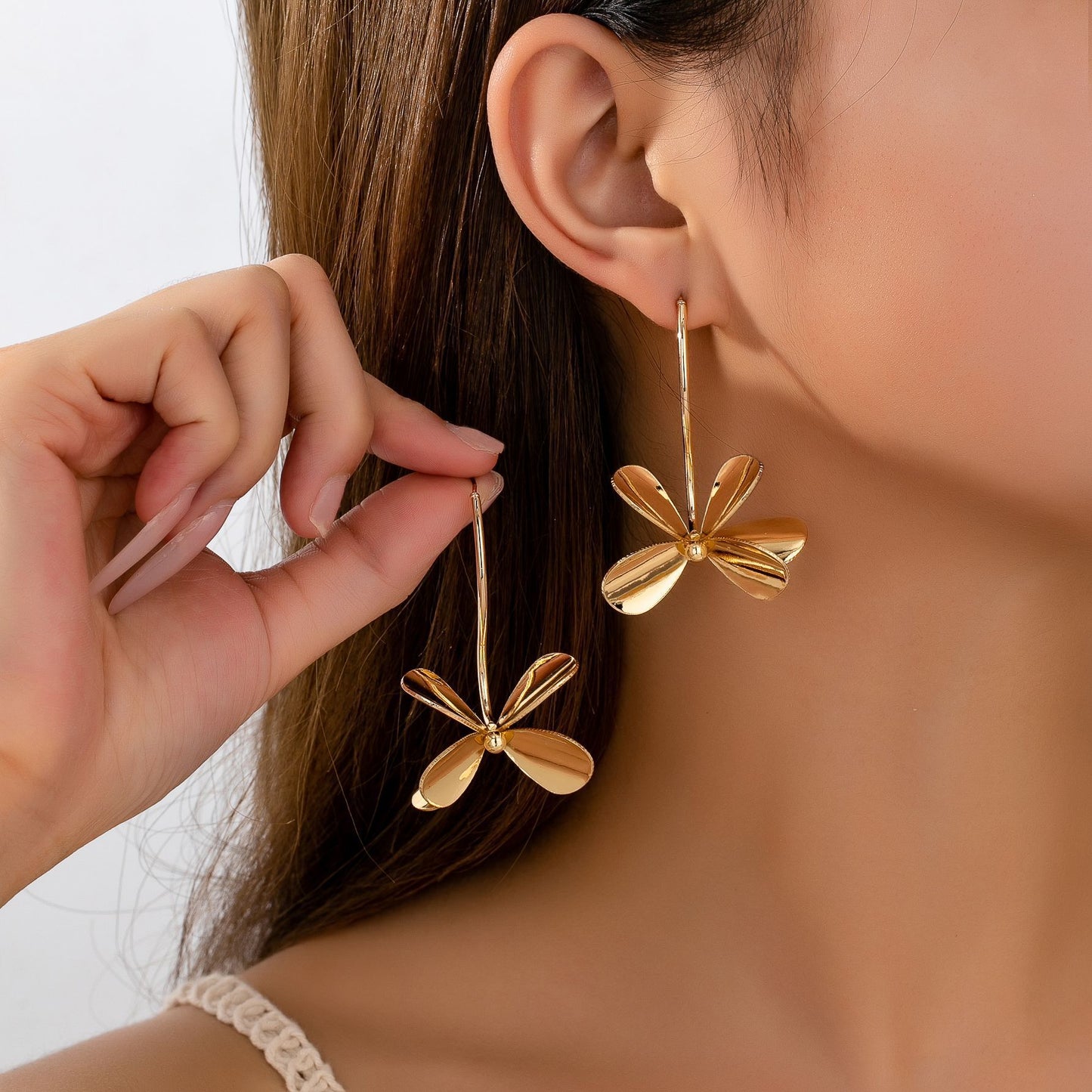 Gold Flower Drop Earrings - Long Stem Petal Dangle with Double Bloom Design