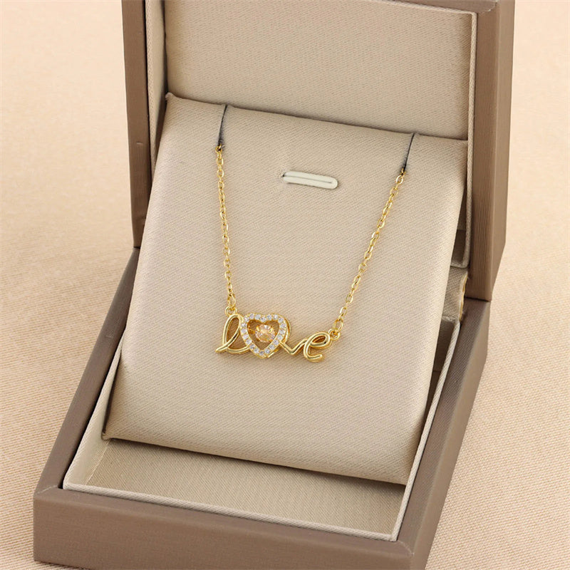 Love Script Necklace - Gold Word Pendant with Crystal Heart Accent