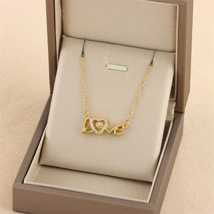 Love Script Necklace - Gold Word Pendant with Crystal Heart Accent