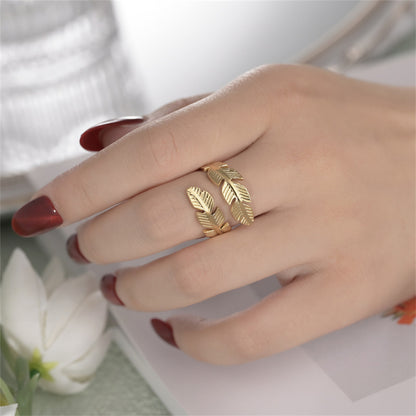 Feather Wrap Ring - Adjustable Open Ring with Double Leaf Design in Gold or Silver