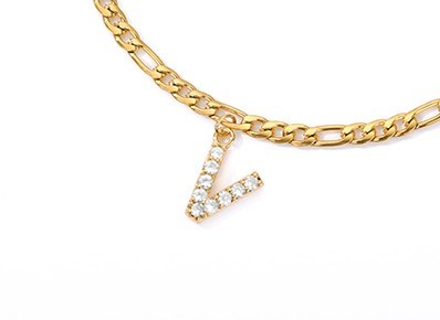 Crystal Initial Anklet - Gold or Silver Figaro Chain with Letter Charm (A-Z)
