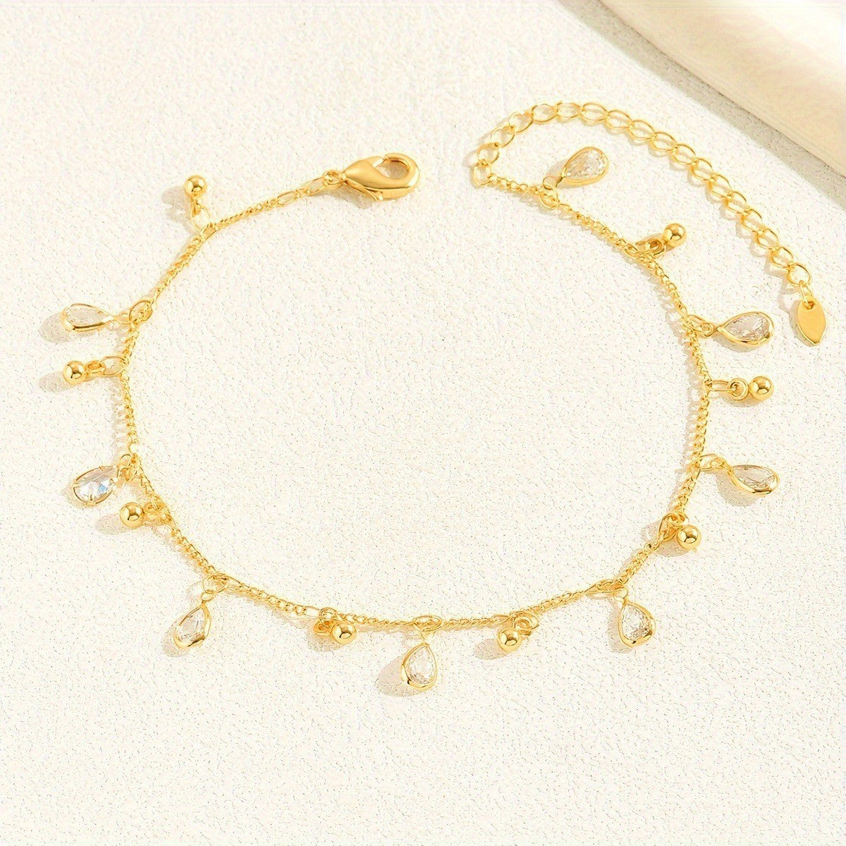 Layered Crystal Anklet Set - Gold Chain Anklet with Teardrop Charms