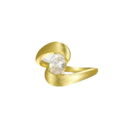 Contemporary Twist Ring - Brushed Gold Geometric Ring with Crystal Stone