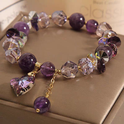 Amethyst Crystal Bracelet - Purple Gemstone Bead Bracelet with Heart Charm and Tassel