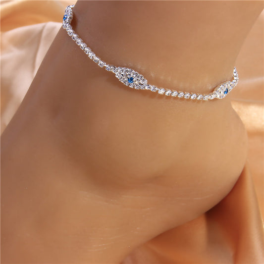 Delicate Crystal Anklet - Sparkling Rhinestone Chain Anklet with Blue Stone Accents