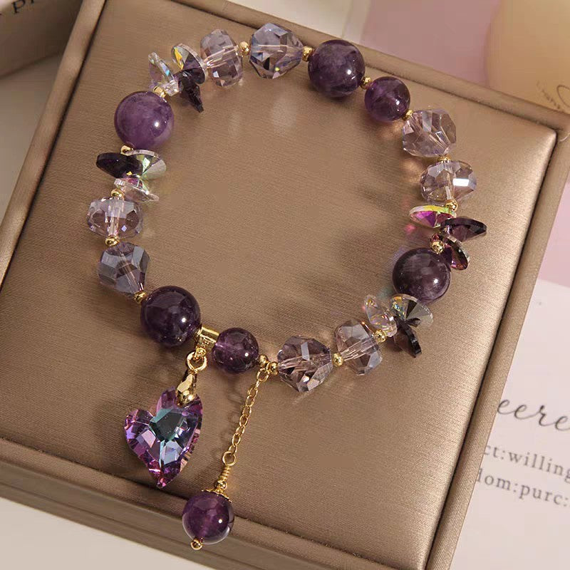 Amethyst Crystal Bracelet - Purple Gemstone Bead Bracelet with Heart Charm and Tassel
