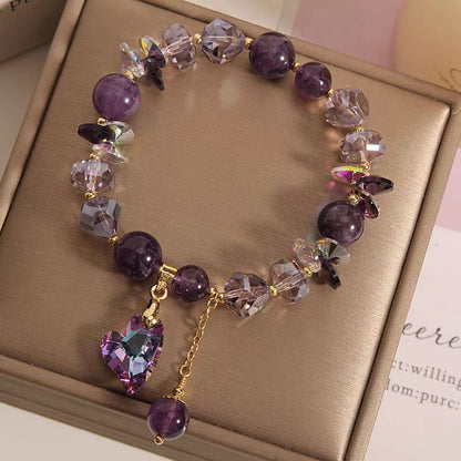 Amethyst Crystal Bracelet - Purple Gemstone Bead Bracelet with Heart Charm and Tassel