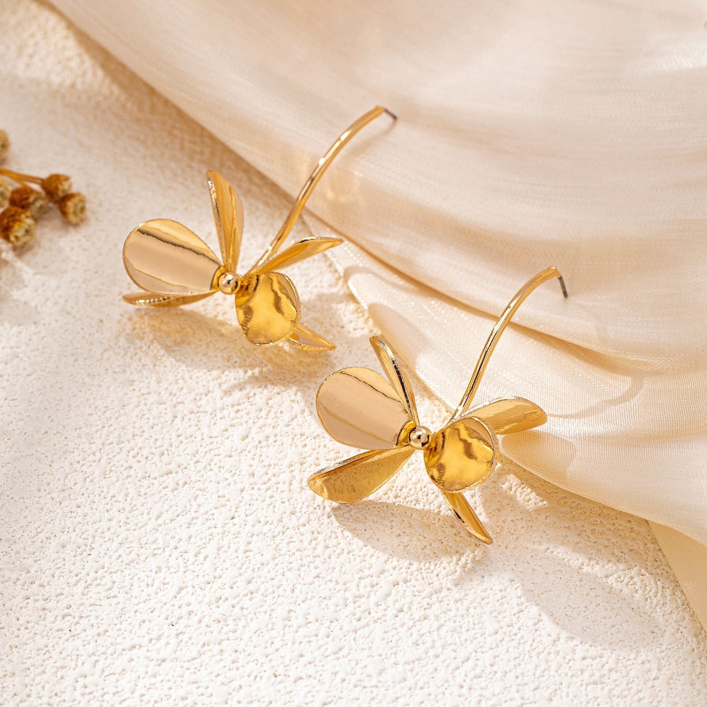 Gold Flower Drop Earrings - Long Stem Petal Dangle with Double Bloom Design