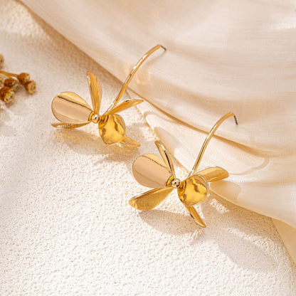 Gold Flower Drop Earrings - Long Stem Petal Dangle with Double Bloom Design