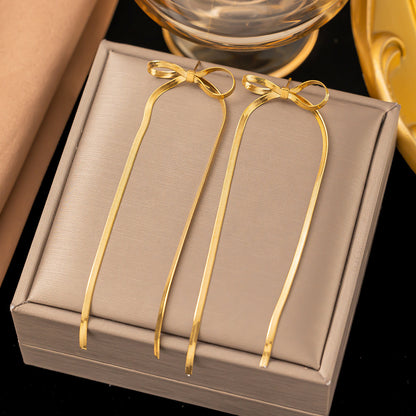 Ribbon Bow Tassel Earrings - 18K Gold Plated Long Chain Drop Earrings