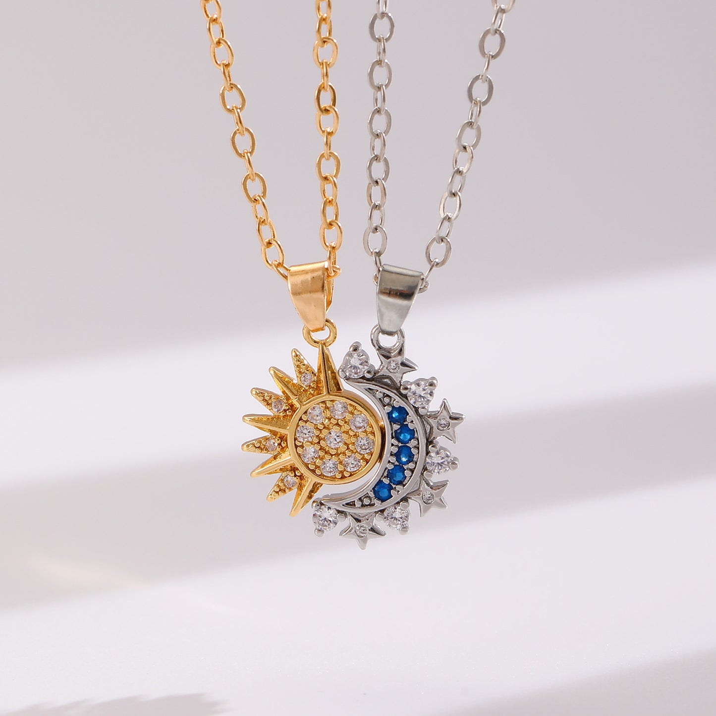 Sun and Moon Necklace Set - Best Friend Matching Necklaces with Crystal Accents (2 Pieces)
