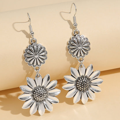 Sunflower Dangle Earrings - Retro Double Daisy Drop Earrings in Gold or Silver