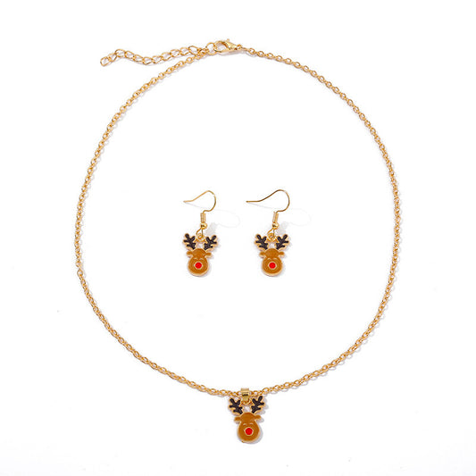 Festive Reindeer Jewelry Set - Gold Rudolph Necklace and Earrings with Enamel