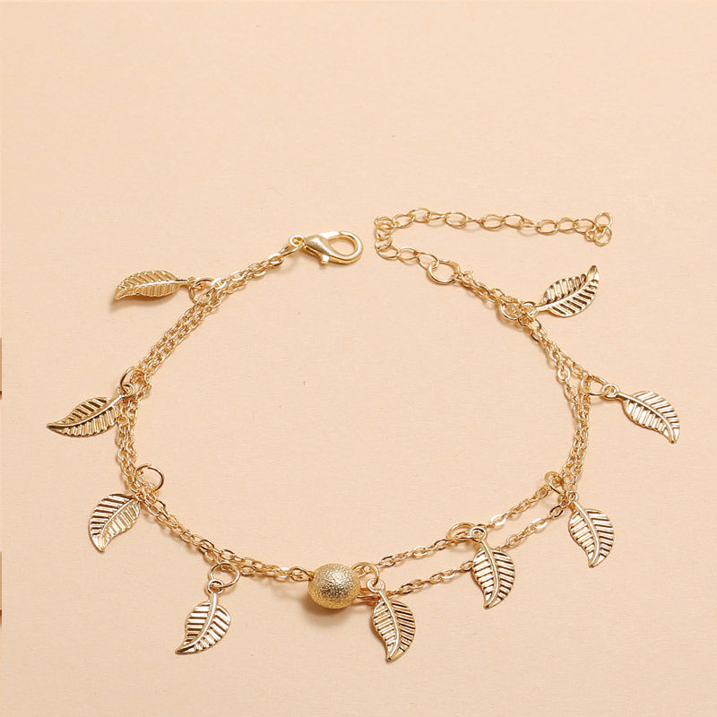Gold Leaf Charm Anklet - Layered Chain Anklet with Dangling Leaf Charms