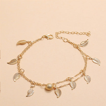 Gold Leaf Charm Anklet - Layered Chain Anklet with Dangling Leaf Charms
