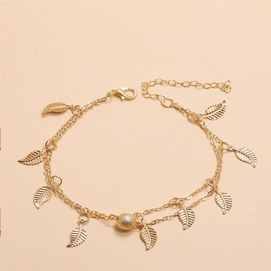 Gold Leaf Charm Anklet - Layered Chain Anklet with Dangling Leaf Charms