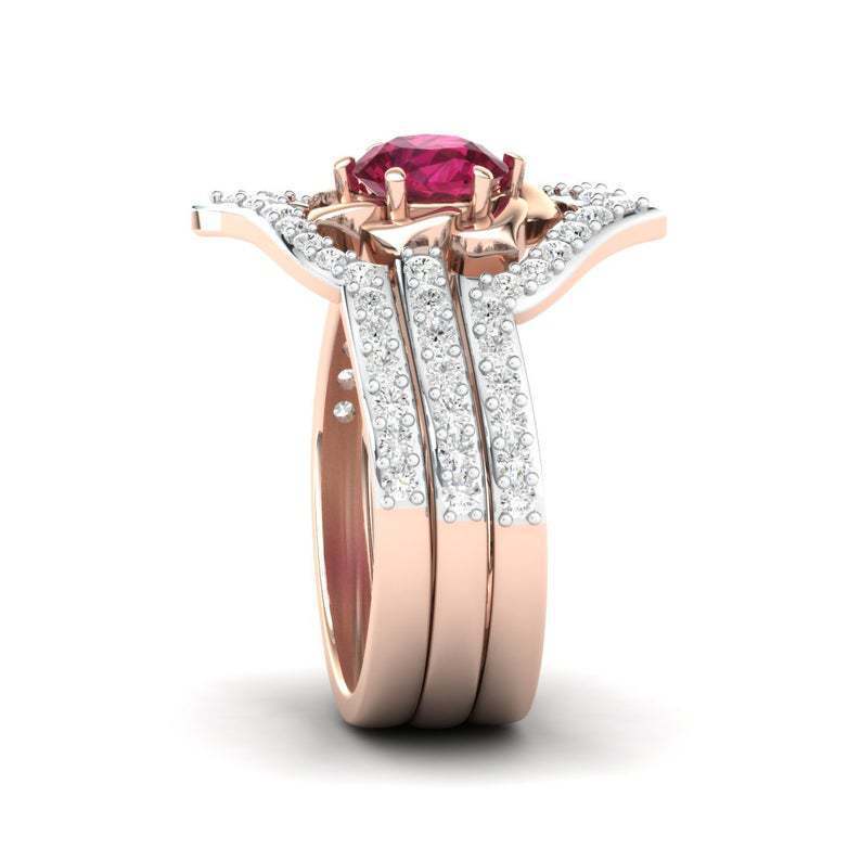 Ruby Halo Ring Set - Rose Gold Multi-Band Ring with Red Crystal Center Stone