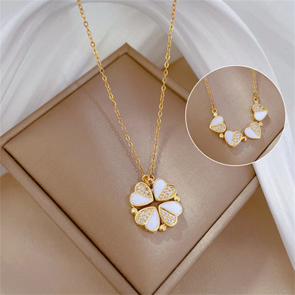 White Enamel Clover Necklace - Four Leaf Pendant with Crystal Accents