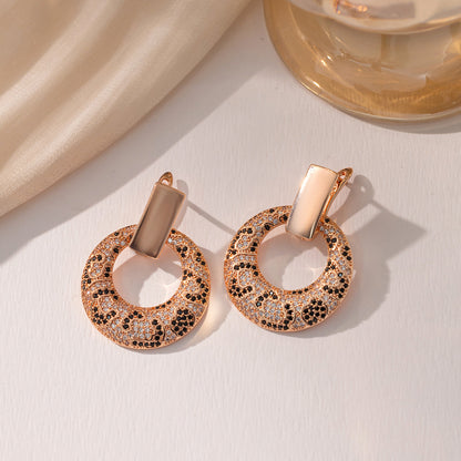 Leopard Print Hoop Earrings - Gold Crystal Pavé Circle Hoops with Animal Print Pattern