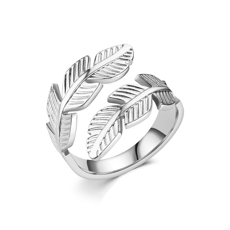 Feather Wrap Ring - Adjustable Open Ring with Double Leaf Design in Gold or Silver