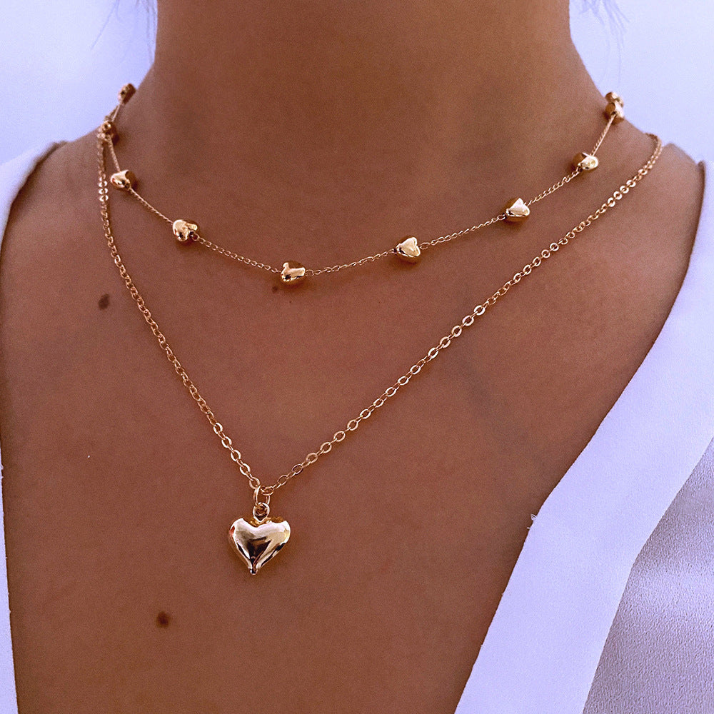 Layered Heart Necklace Set - Rose Gold Chain with Crystal Heart Pendant and Beaded Choker