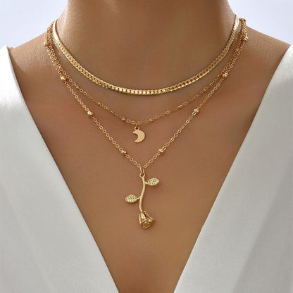 Gold Layering Necklace Set - Multi-Strand Chain with Rose and Crescent Moon Pendants