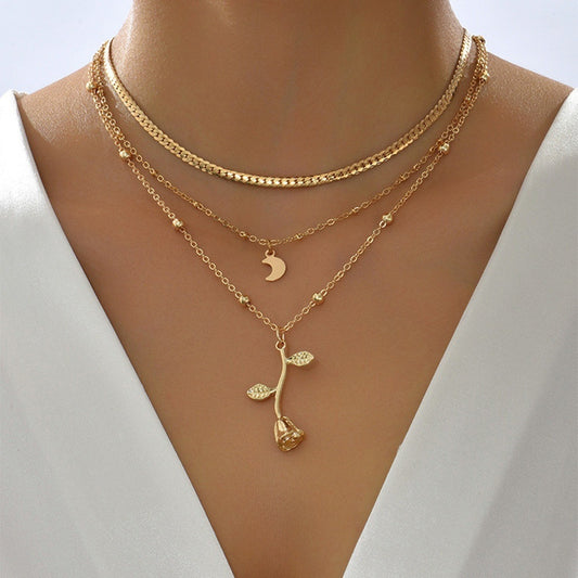 Gold Layering Necklace Set - Multi-Strand Chain with Rose and Crescent Moon Pendants