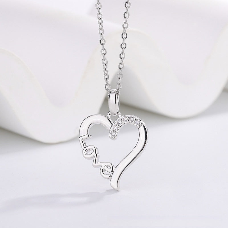 "Love" Heart Necklace - Silver Heart Pendant with Crystal Accent