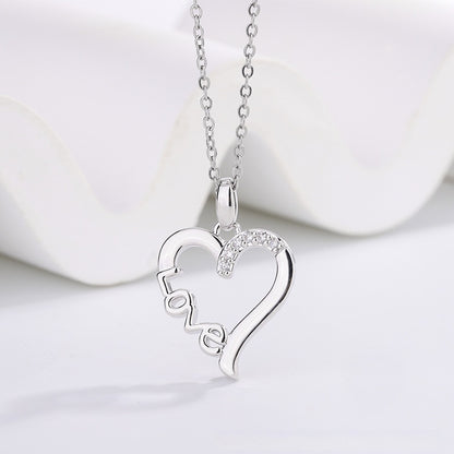 "Love" Heart Necklace - Silver Heart Pendant with Crystal Accent