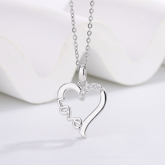 "Love" Heart Necklace - Silver Heart Pendant with Crystal Accent