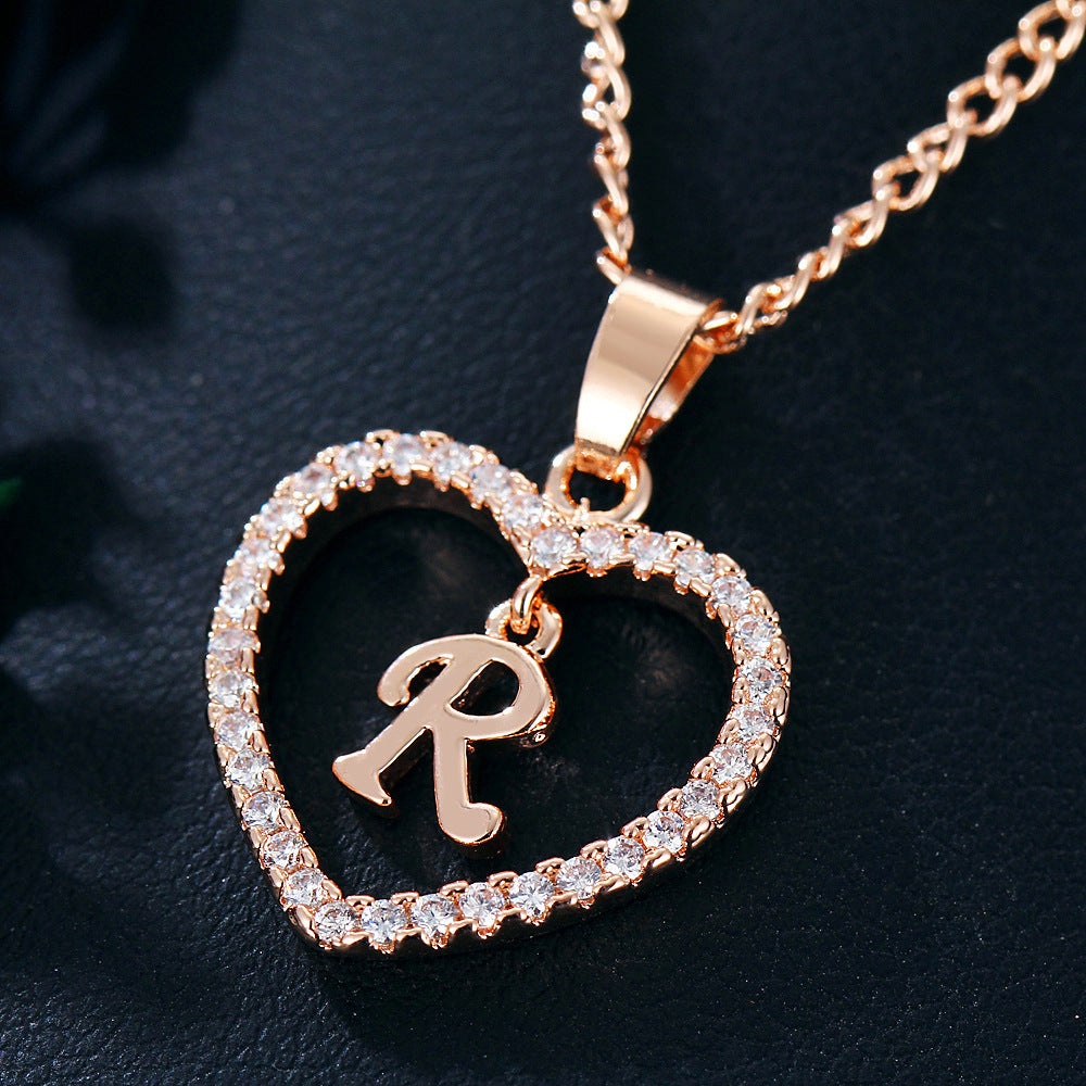 Crystal Heart Initial Necklace - Rose Gold Letter Pendant Necklace with Crystal Border (A-Z)