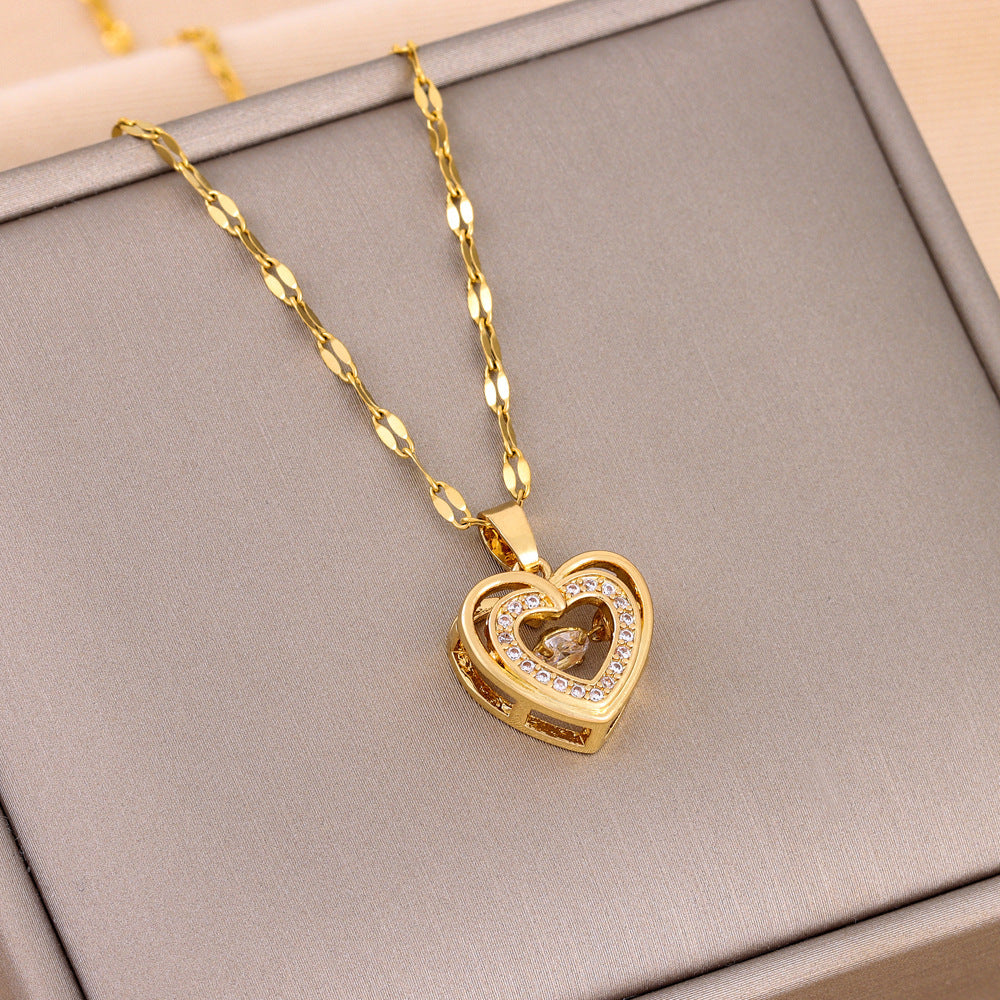 Double Heart Necklace - Gold Layered Hearts with Sparkling Rhinestone