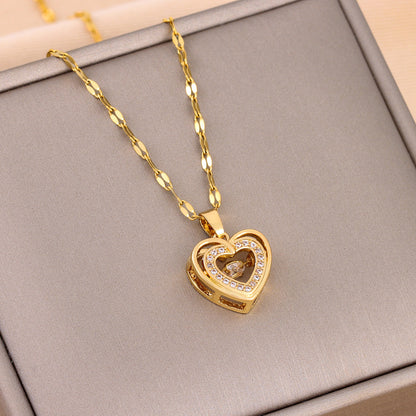Double Heart Necklace - Gold Layered Hearts with Sparkling Rhinestone