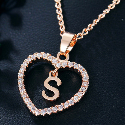 Crystal Heart Initial Necklace - Rose Gold Letter Pendant Necklace with Crystal Border (A-Z)