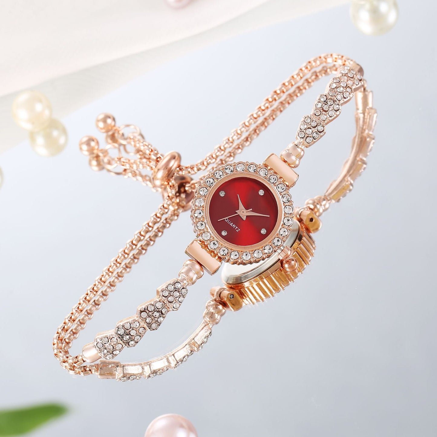 Crystal Bracelet Watch - Double Strand Chain Watch with Round Crystal Face (6 Colors)