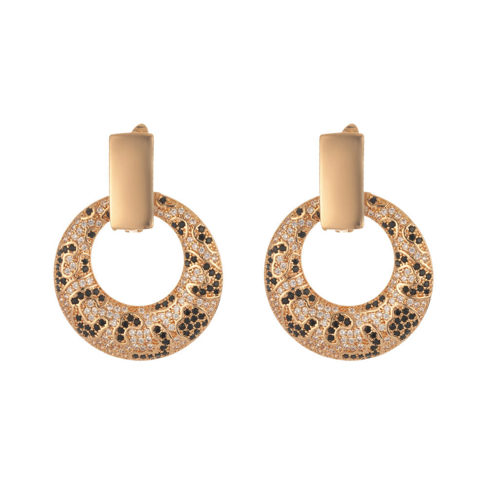 Leopard Print Hoop Earrings - Gold Crystal Pavé Circle Hoops with Animal Print Pattern