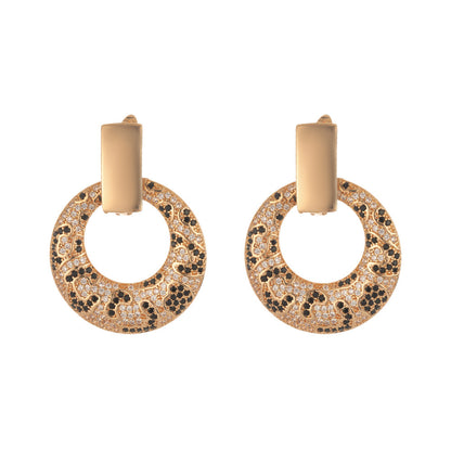 Leopard Print Hoop Earrings - Gold Crystal Pavé Circle Hoops with Animal Print Pattern