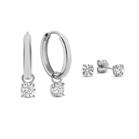 Crystal Earring Set - 2-Pair Huggie Hoops and Stud Set with Solitaire Charms