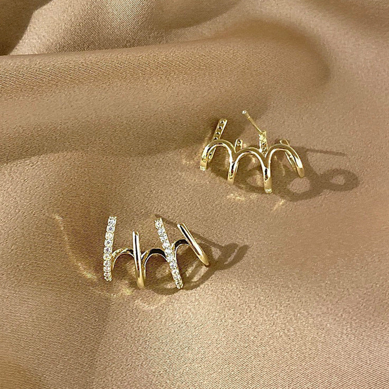 Stacked Ear Cuff Earring - Single Multi-Band Cuff with Crystal Pavé Accent