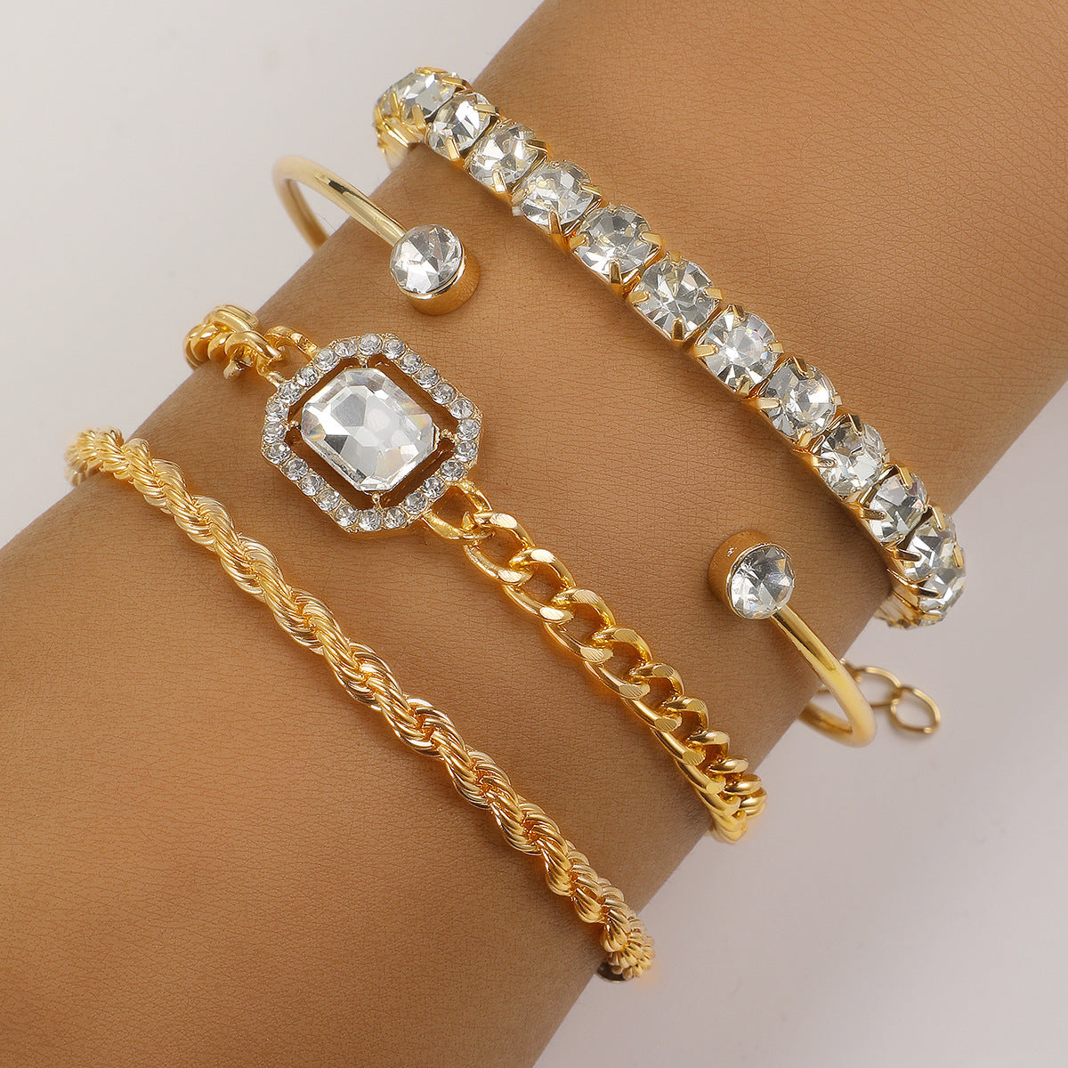 Gold Bracelet Stack Set - 4-Piece Crystal Bangle & Chain Bracelet Set