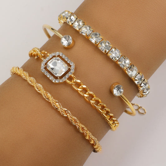 Gold Bracelet Stack Set - 4-Piece Crystal Bangle & Chain Bracelet Set