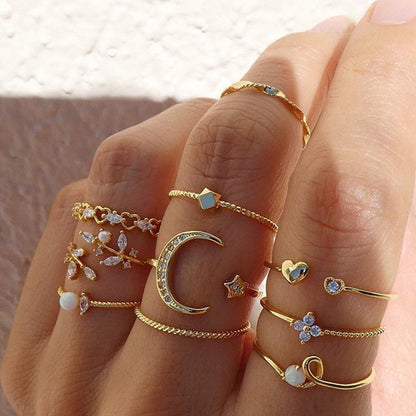 Celestial Ring Set - 10-Piece Gold Stacking Rings with Moon, Star and Crystal Accents