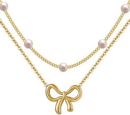 Pearl Bow Necklace - Double Layer Necklace Set with Pearl Bead and Bow Charm