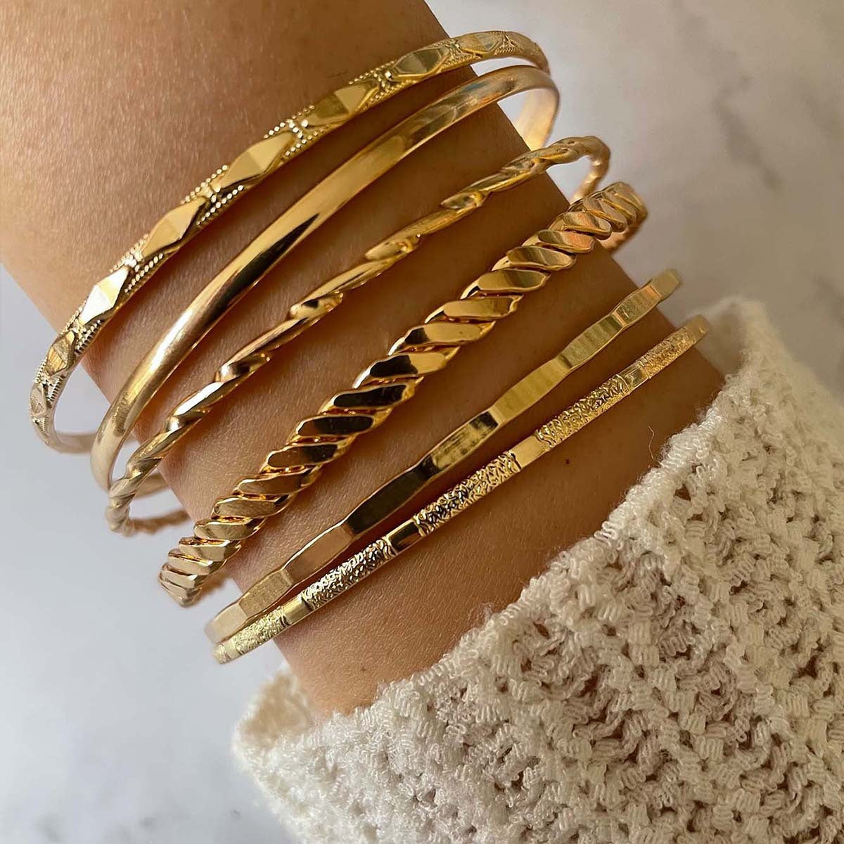 Layered Gold Cuff Set - 6-Piece Bangle Stack with Twisted and Hammered Finishes