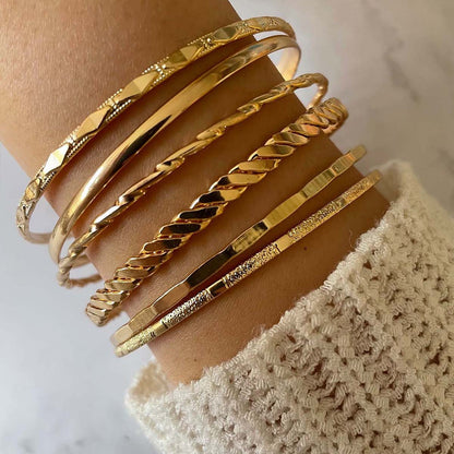 Layered Gold Cuff Set - 6-Piece Bangle Stack with Twisted and Hammered Finishes